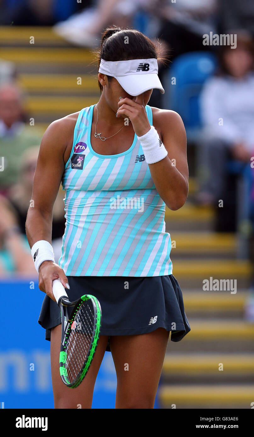 Great Britain's Heather Watson reacts during her defeat to USA's Sloane Stephens during day five of the AEGON International at Devonshire Park, Eastbourne. Stock Photo