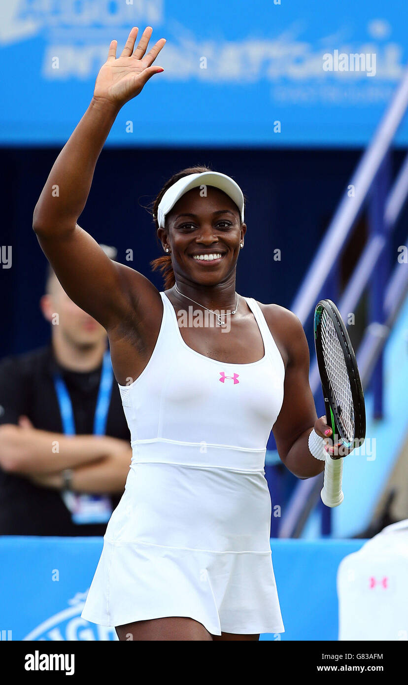 USA's Sloane Stephens celebrates her victory against Great Britain's Heather Watson during day five of the AEGON International at Devonshire Park, Eastbourne. Stock Photo