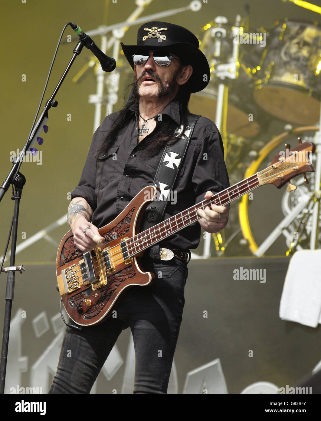 Lemmy Kilmister of Motorhead performing on the Pyramid Stage at the Glastonbury Festival, at Worthy Farm in Somerset. Stock Photo
