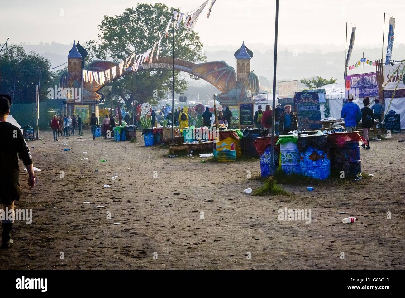 Overflowing bins at the Glastonbury Festival, at Worthy Farm, Somerset. Stock Photo