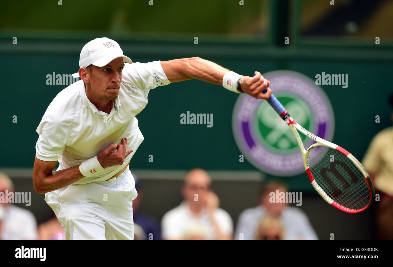 Jarkko Nieminen in action against Novak Djokovic during day Three of the Wimbledon Championships at the All England Lawn Tennis and Croquet Club, Wimbledon. Stock Photo