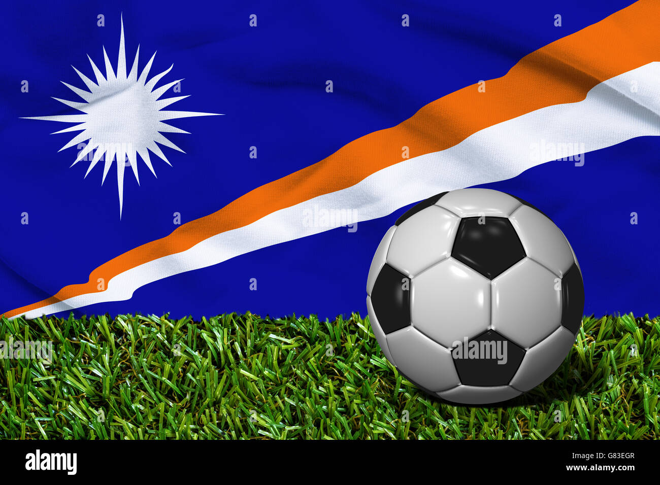 3D rendered soccer ball in grass field with Marshall Islands flag as
