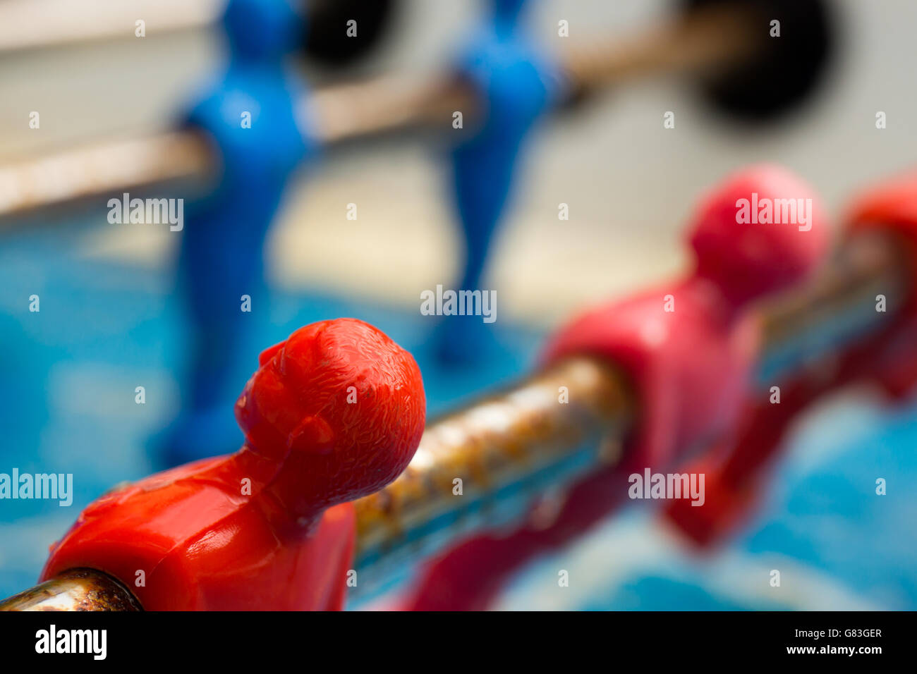 table football close-up old rustic red blue fusball Stock Photo