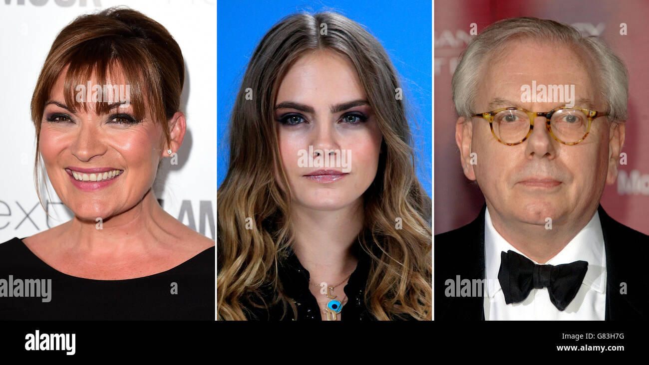 File photos of (left to right) Lorraine Kelly, Cara Delevingne and David Starkey. Issue date: Tuesday June 23, 2015. See PA story QUOTE Quotes. Photo credit should read: PA Wire Stock Photo