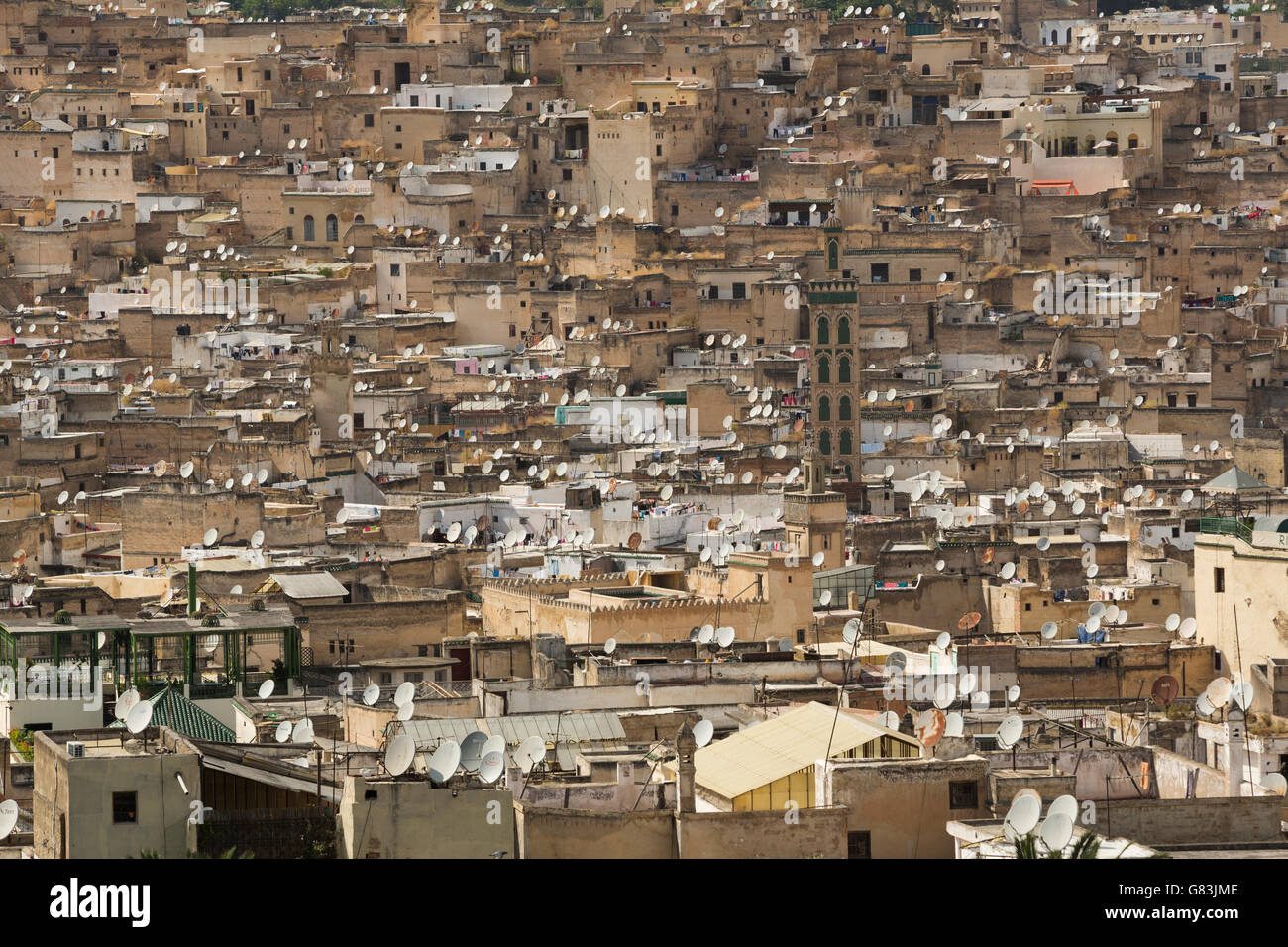 Satellite dishes dot rooftops in the old Medina of Fez, Morocco. Stock Photo