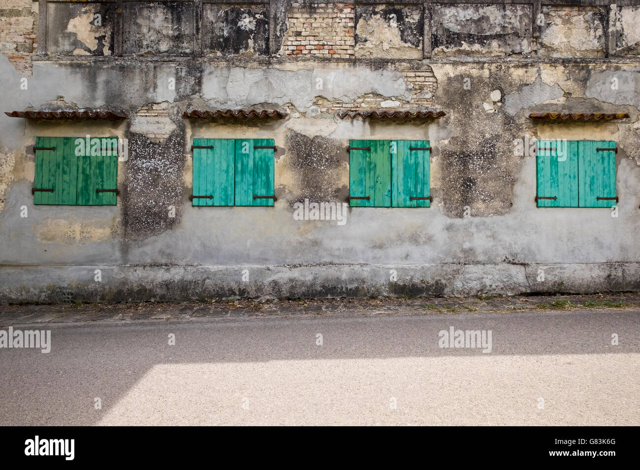 Old facades of abandoned buildings on the Via Gabbiano near San Piero a Sieve, Tuscany, Italy. Stock Photo