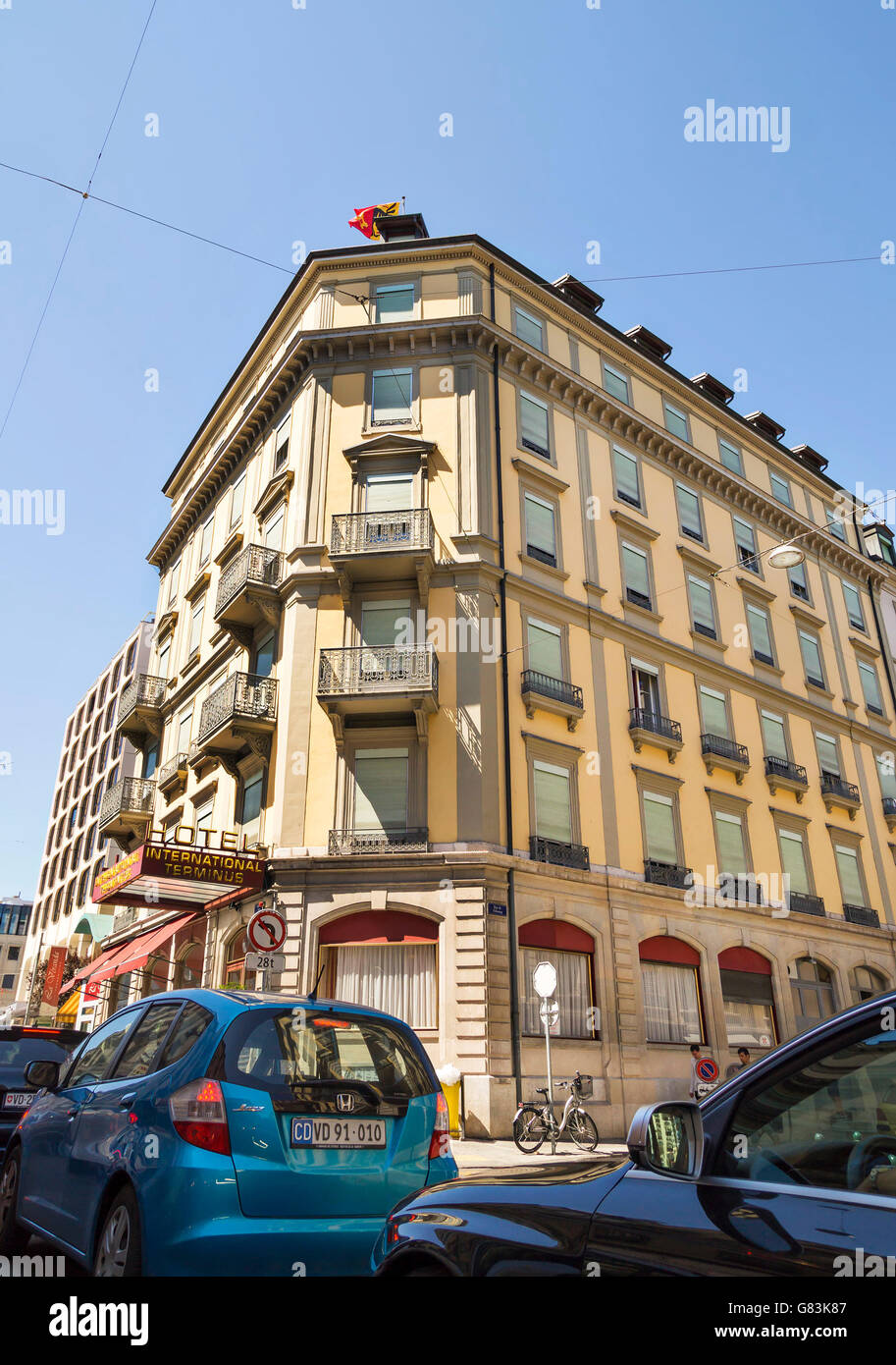 Geneva, one of the most popular Swiss city  - center street view in summertime . Hotel International & Terminus in Rue des Alpes Stock Photo