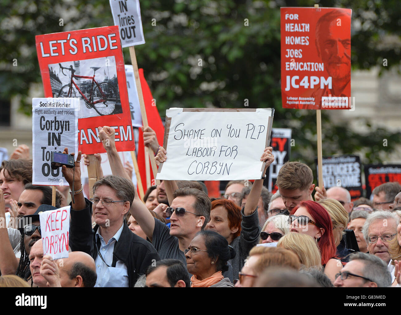 The Momentum campaign group holds a 'Keep Corbyn' demonstration outside the Houses of Parliament in London, at the same time as the Parliamentary Labour Party is due to meet inside. Stock Photo