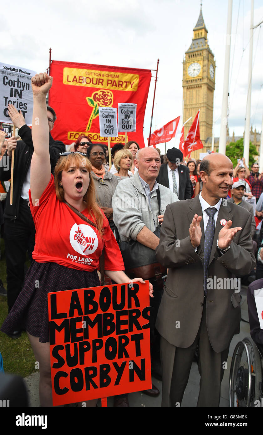 The Momentum campaign group holds a 'Keep Corbyn' demonstration outside the Houses of Parliament in London, at the same time as the Parliamentary Labour Party is due to meet inside. Stock Photo