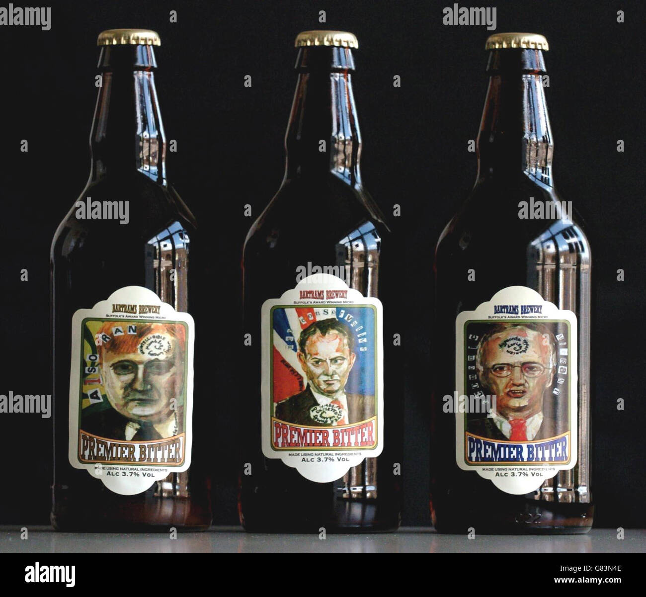 Special election beers named after the three party leaders and sold at Beer2go in Bury St Edmunds. Stock Photo