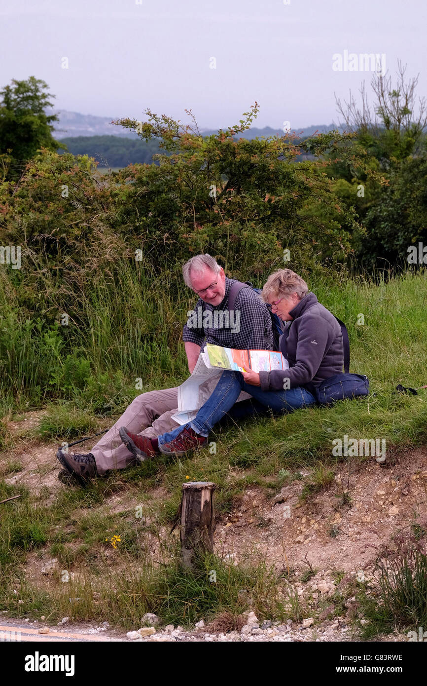 An older couple looking at a map out in the country. Stock Photo
