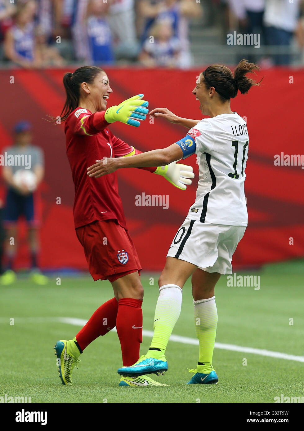 United States Carli Lloyd (10) celebrates her hat-trick goal with Hope Solo during the FIFA Women's World Cup Canada 2015 Final match between USA and Japan at BC Place Stadium in Vancouver, Canada. Stock Photo