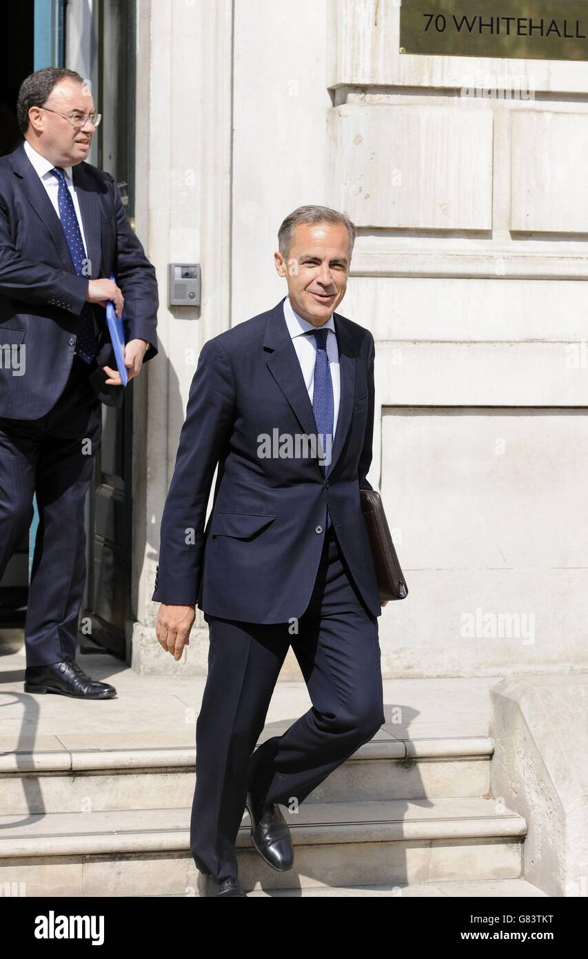 Governor of the Bank of England Mike Carney leaves the Cabinet Office in Whitehall, London, as Prime Minister David Cameron chaired a meeting with Chancellor George Osborne, the Bank of England governor and other senior officials to assess the likely impact of the Greek referendum vote to reject the austerity terms demanded by its international creditors on the UK. Stock Photo