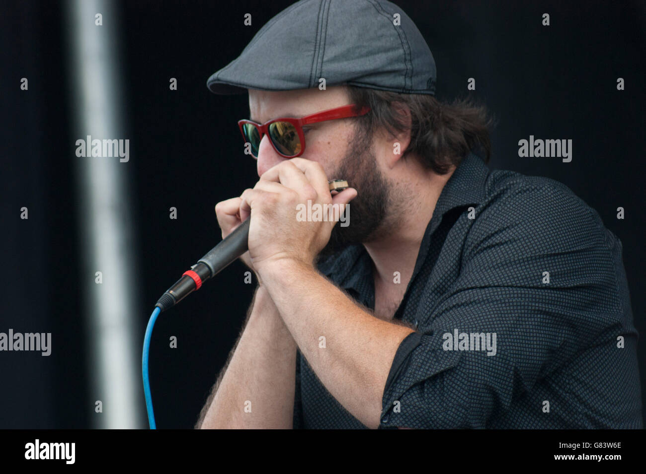Pierre-Luc Dupuis playing harmonica, Quebecois musician for De Temps Antan performing at the 2015 American Folk Festival Stock Photo