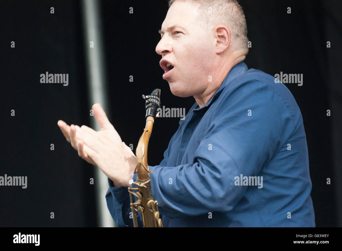 Mitch Frohman & The Bronx Horns, a Mambo Orchestra, performing at the 2015 American Folk Festival, Bangor, ME Stock Photo