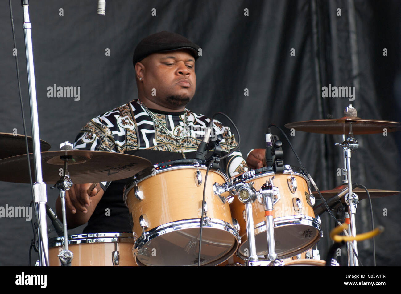Drummer for Preston Shannon performing Memphis Blues music at the 2015 American Folk Festival, Bangor, ME Stock Photo