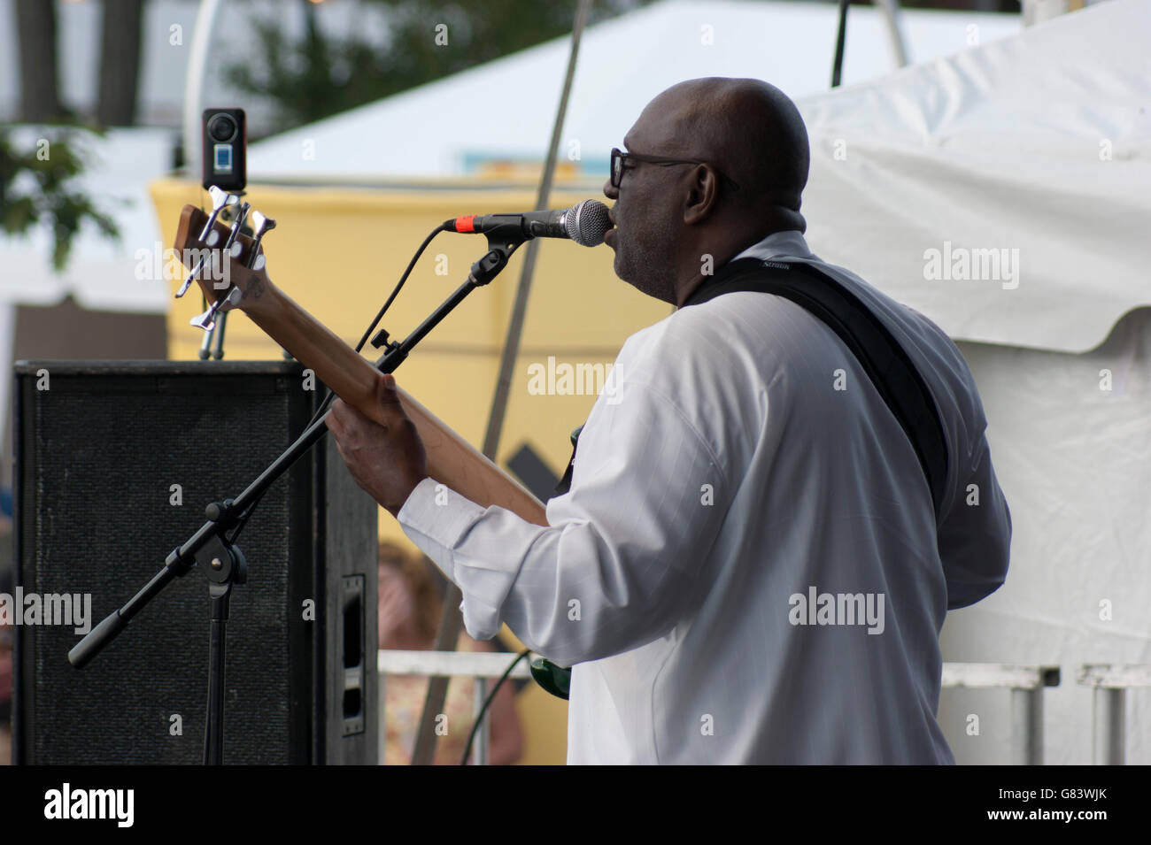 Band member for Preston Shannon performing Memphis Blues music at the 2015 American Folk Festival, Bangor, ME Stock Photo