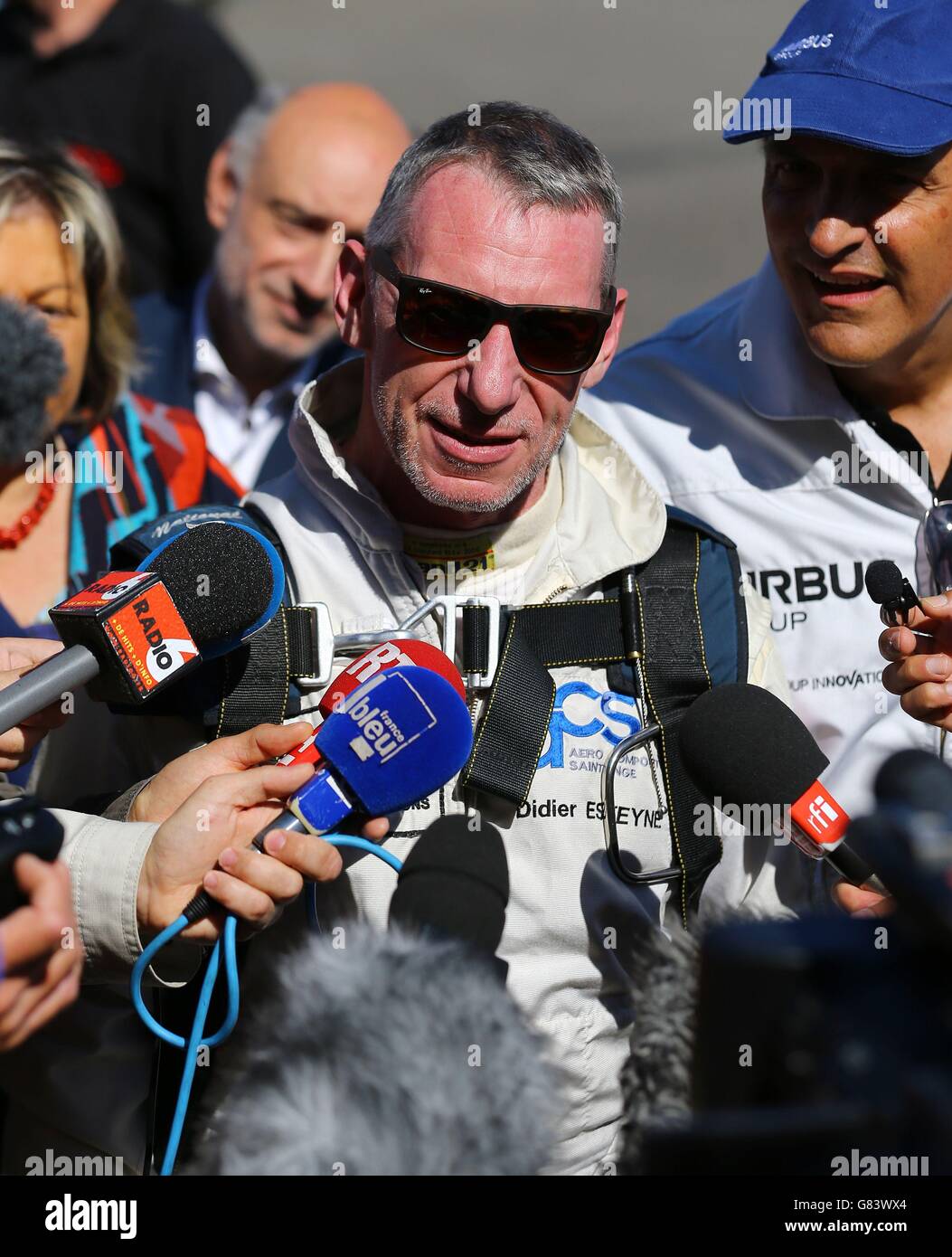 Pilot Didier Esteyne after landing the E-Fan electrically powered plane in Calais, France, following his successful crossing of The Channel from Lydd Airport in Kent. Stock Photo