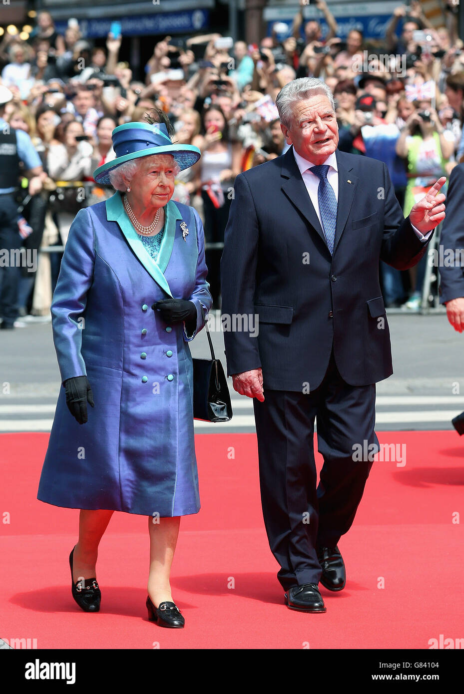Queen Elizabeth II walks with German President Joachim Gauck as she visits St Paul's Church in Frankfurt on the second full day of a four day State visit to Germany. Stock Photo