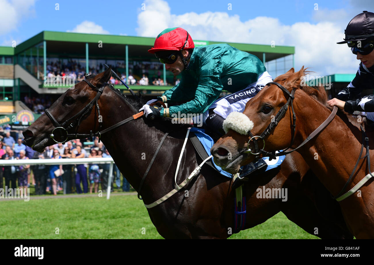 Plagiarism ridden by Paul Mulrennan (left) beats Paddy Power ridden by Samantha Bell to win the Betfred TV/Irish Stallion Farms EBF Maiden Stakes during the John Smith's Northumberland Plate Day at Newcastle Racecourse. Stock Photo