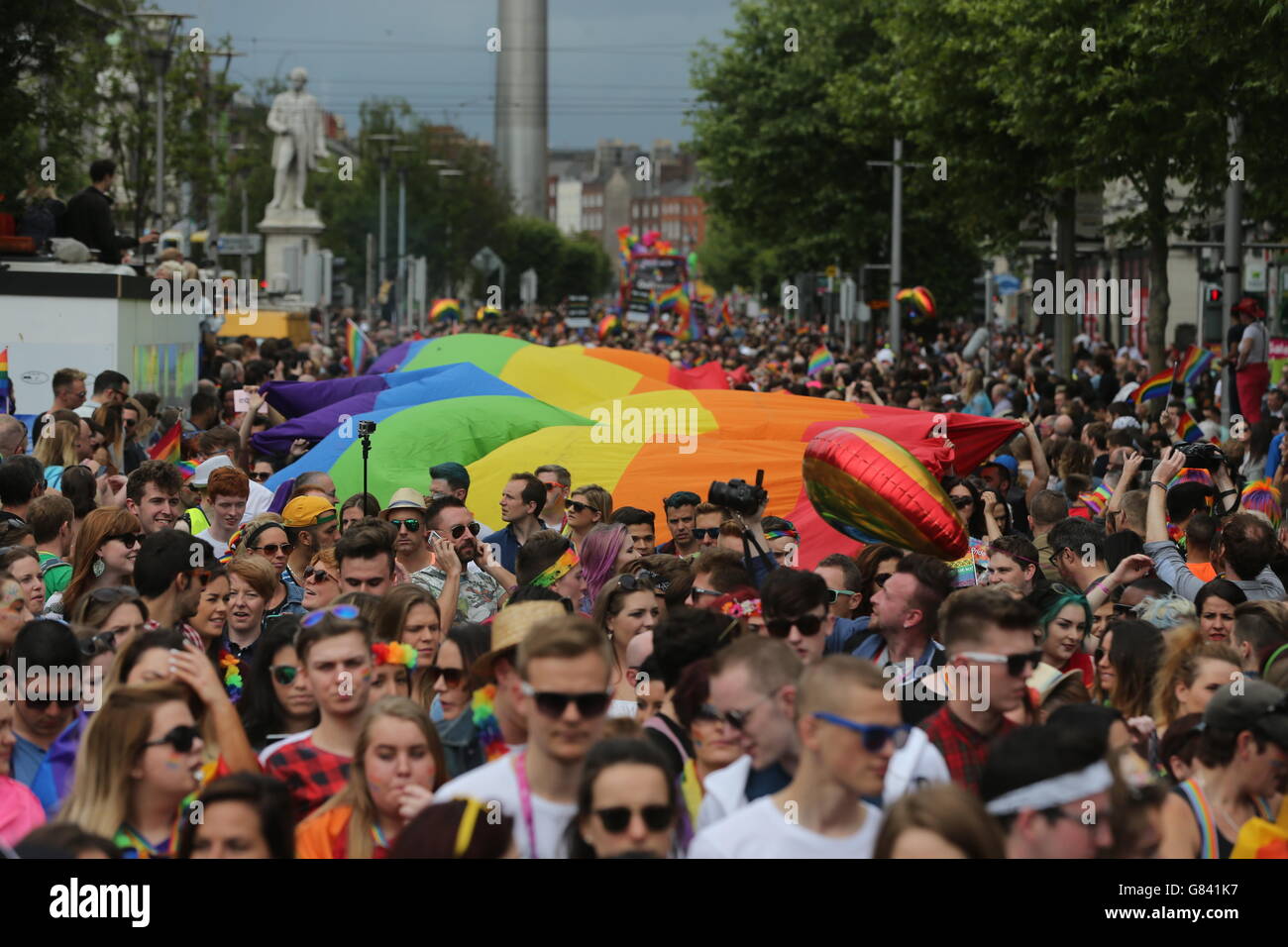 Participants on O'Connell Street in Dublin as they take part in the Dublin LGBTQ Parade. Stock Photo