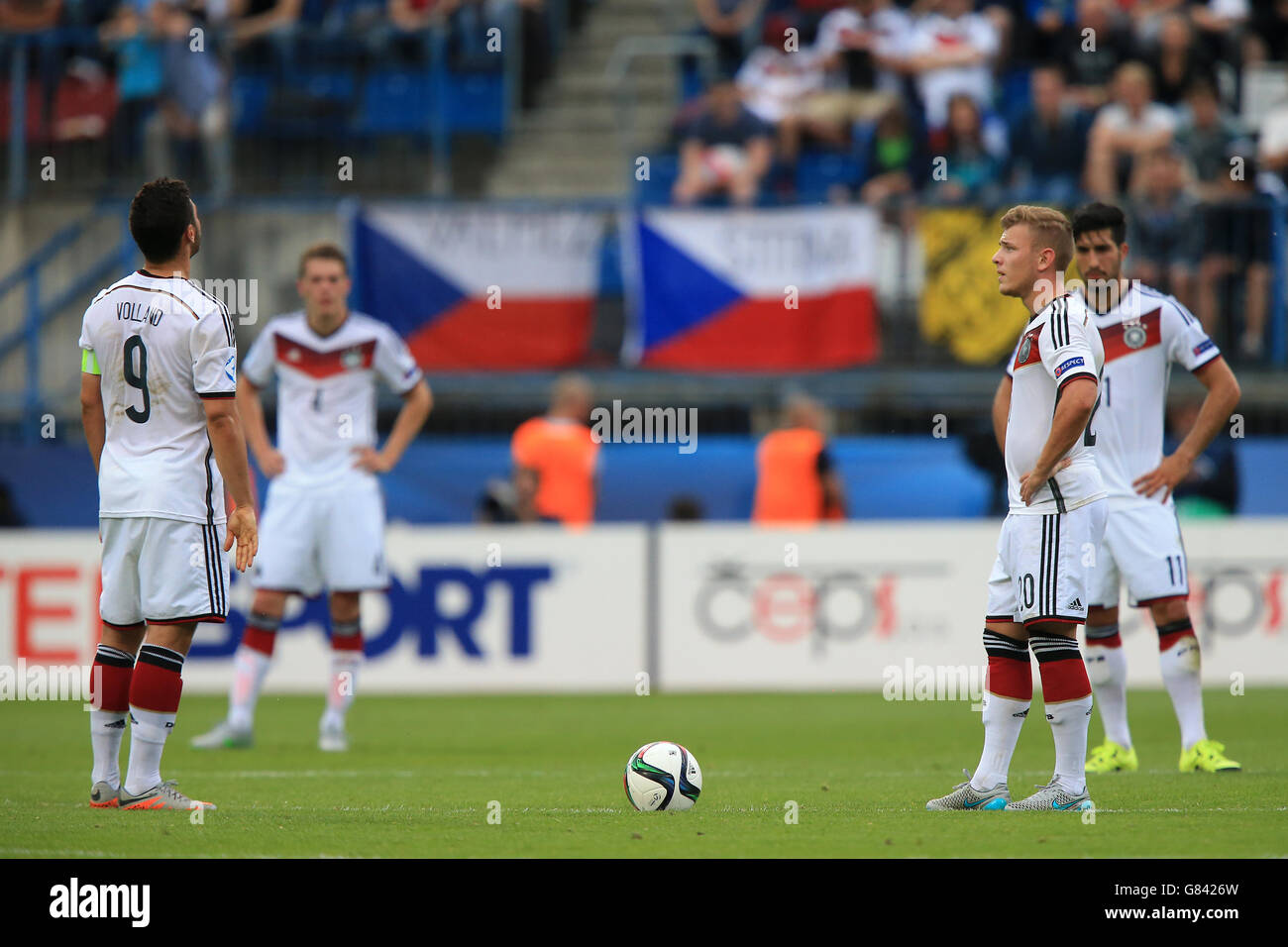 Soccer - UEFA European Under-21 Championship - Semi Final - Portugal v Germany - Andruv Stadium. Germany's Kevin Volland (left) and Maximilian Meyer (right) look dejected after seeing their side concede a fifth goal. Stock Photo