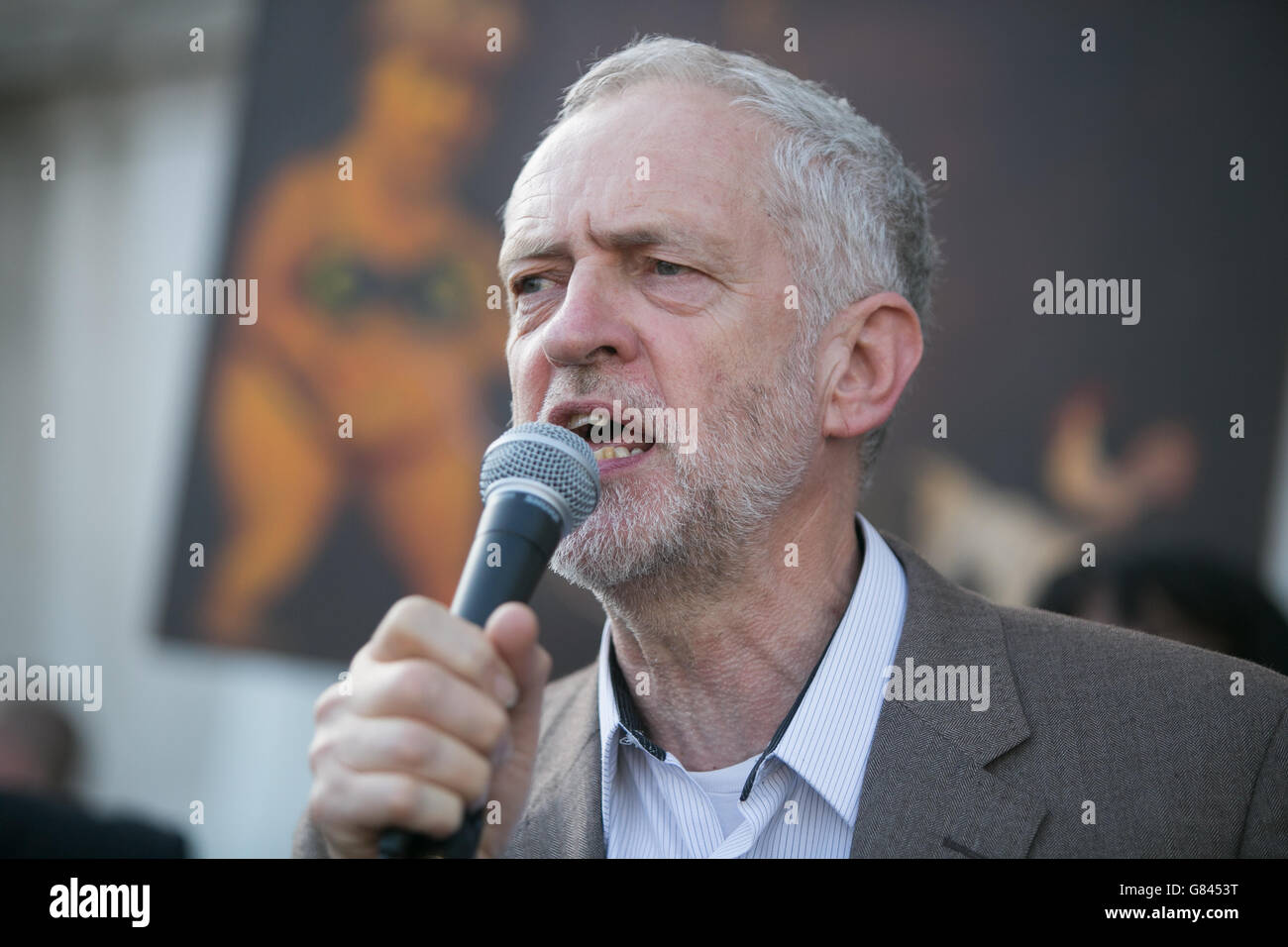 Jeremy Corbyn MP speaks during a protest against the European Central Bank, in Trafalgar Square, London, over Greece's debt repayments. Stock Photo