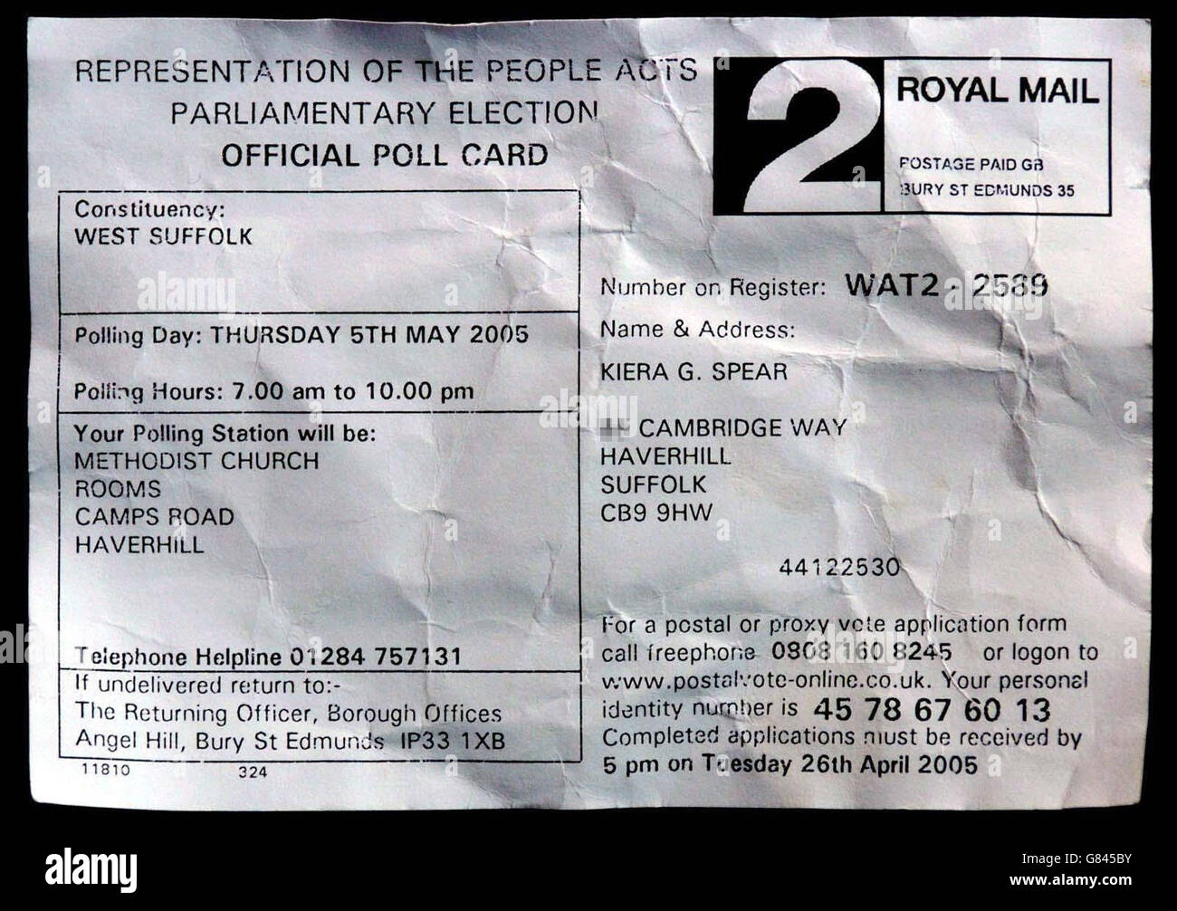 The chewed election poll card that eight-month-old Kiera Spear from Haverhill, Cambridgeshire, received through the post for her to vote with on May 5th. Her mother Glenda Spear added: ' She watches television but she hasn't shown any interest in Mr Blair or Mr Howard or Mr Kennedy. She quite likes Thomas the Tank Engine.' Stock Photo