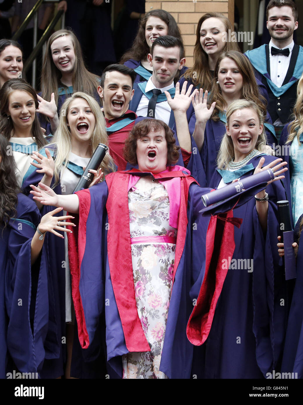 Susan Boyle (centre front) receives an Honorary Doctorate during a graduation ceremony from the Royal Conservatoire of Scotland in Glasgow for her contribution to the music industry. Stock Photo