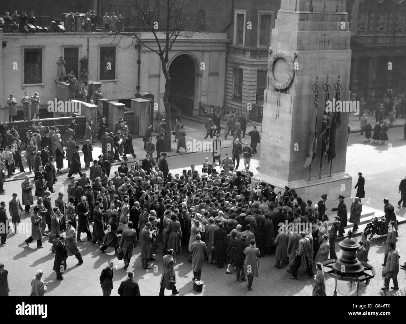 Crowds gather round the Cenotaph in Whitehall, following a visit by Russian leaders Marshal Bulganin and Mr Krushchev, who had laid a wreath there. Stock Photo