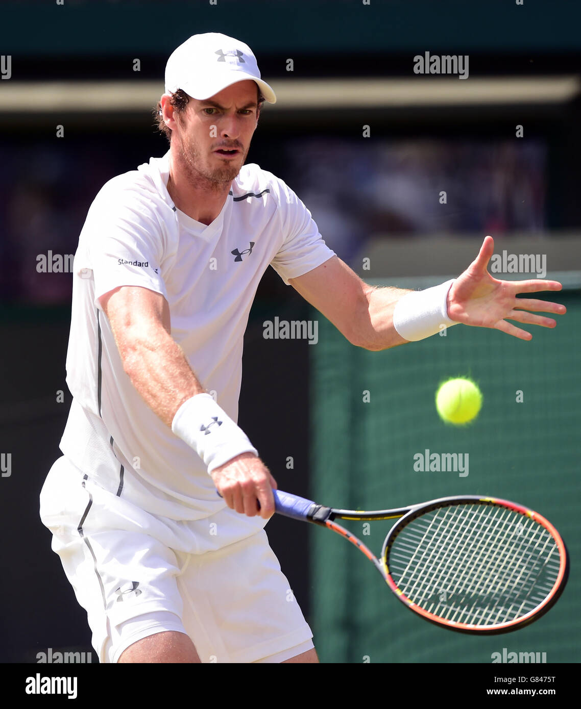 Andy Murray in action against Robin Haase during day Four of the Wimbledon Championships at the All England Lawn Tennis and Croquet Club, Wimbledon. Stock Photo