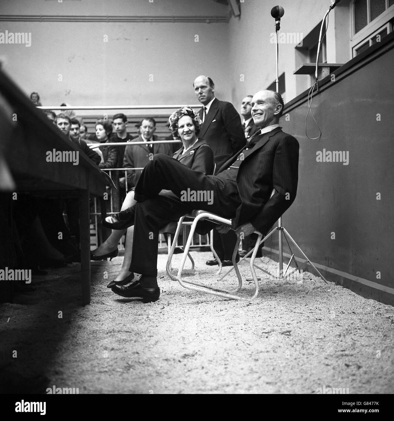 Prime Minister Sir Alec Douglas-Home rocks back in his chair at a meeting in the Perth cattle market, when he opened his campaign in the Kinross and West Perthshire by-election. Stock Photo