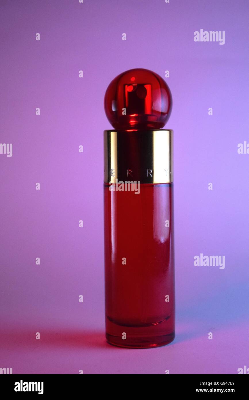 Perfume, Perfume Atomizer, Bottle, Scented, No People, Red, Spray, Antique, Plain Background, White Background, Colour Image, Fo Stock Photo