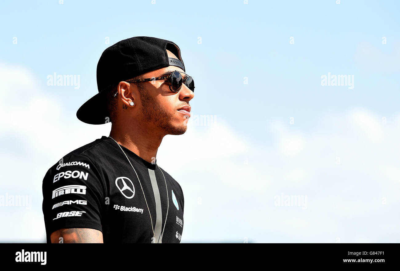 Mercedes driver Lewis Hamilton leaves the team motorhome, during Paddock Day of the 2015 British