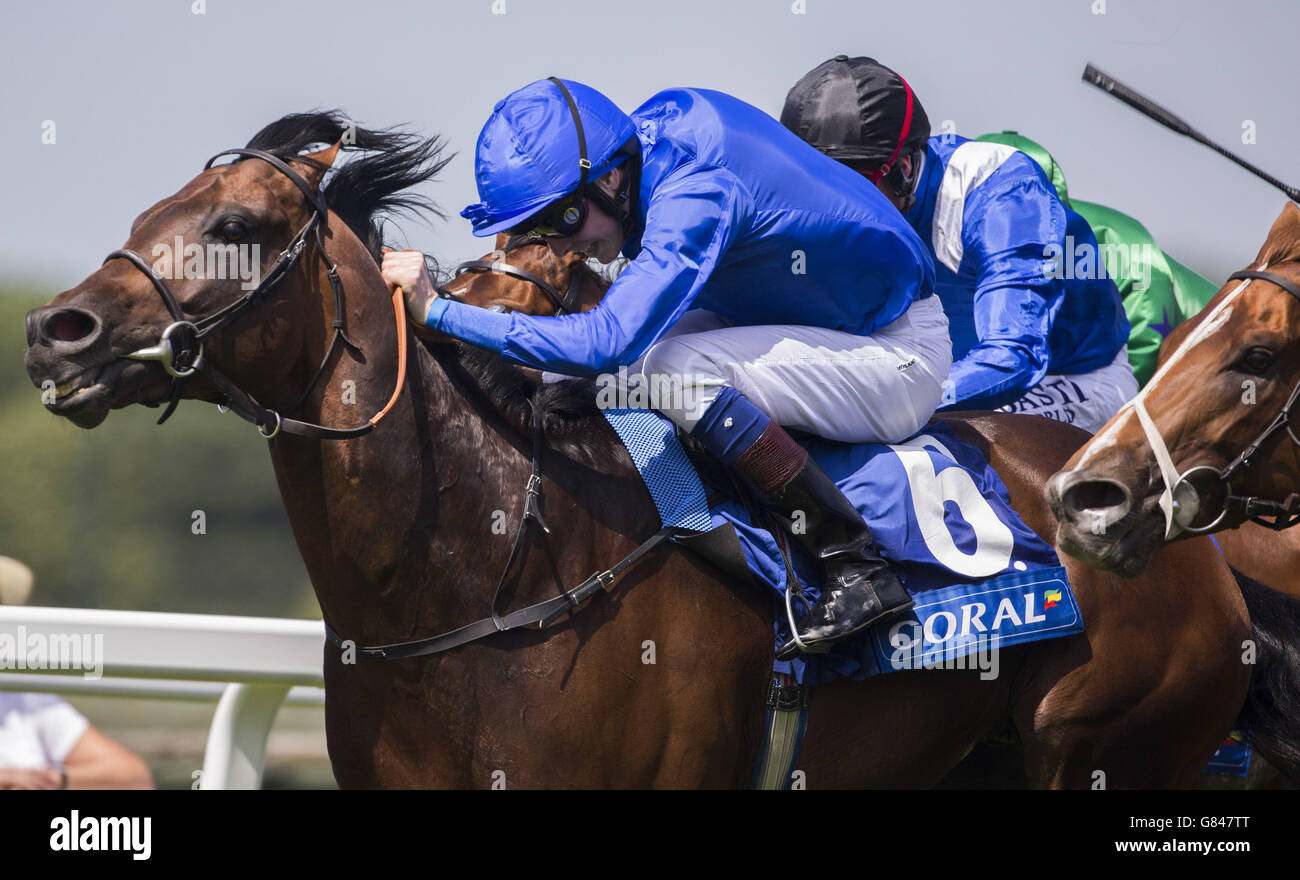 Basem ridden by James Doyle leads the field home to win The Coral Challenge Race during Coral-Eclipse Day of The Coral Eclipse Meeting at Sandown Park Racecourse, Sandown. Stock Photo