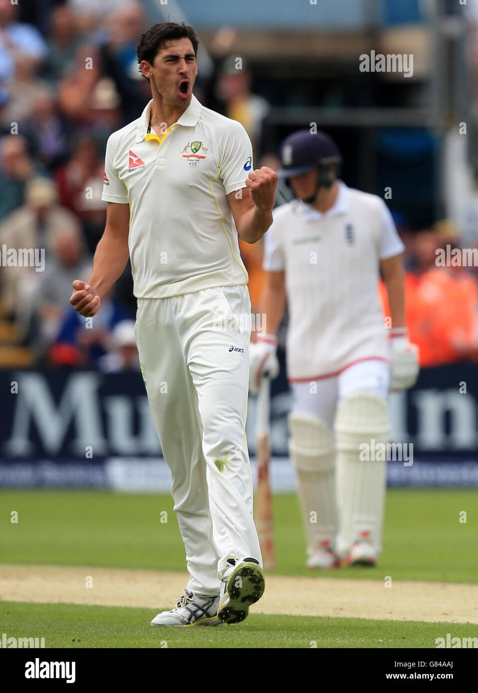 Australia bowler Mitchell Starc celebrates trapping England batsman Ian Bell LBW during the First Investec Ashes Test at the SWALEC Stadium, Cardiff. Stock Photo