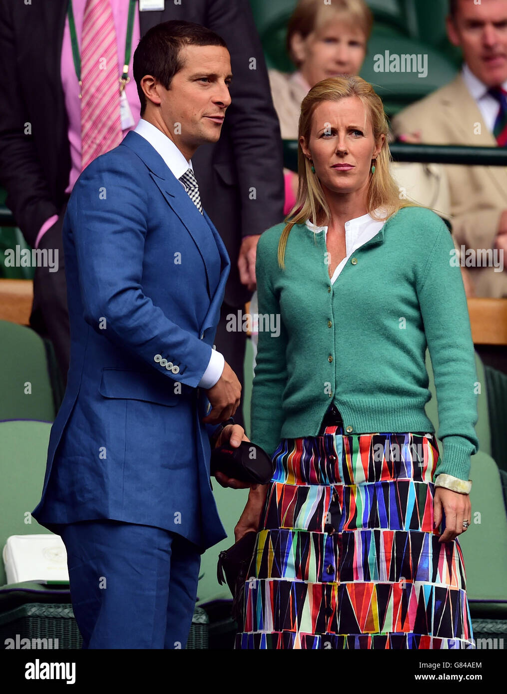 Bear Grylls and his wife Shara during day Nine of the Wimbledon Championships at the All England Lawn Tennis and Croquet Club, Wimbledon. Stock Photo