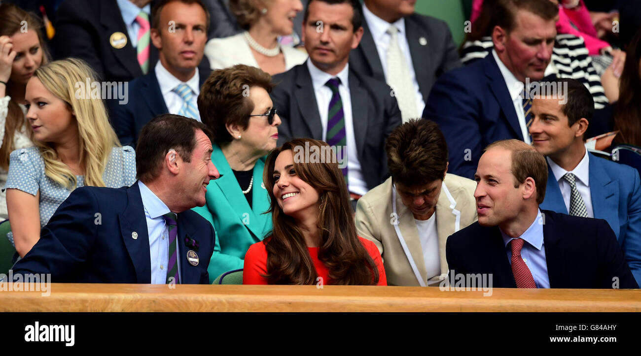 The Duke and Duchess of Cambridge chat with Chairman of the AELTC Philip Brook (left) in the Royal Box on day Nine of the Wimbledon Championships at the All England Lawn Tennis and Croquet Club, Wimbledon. Stock Photo