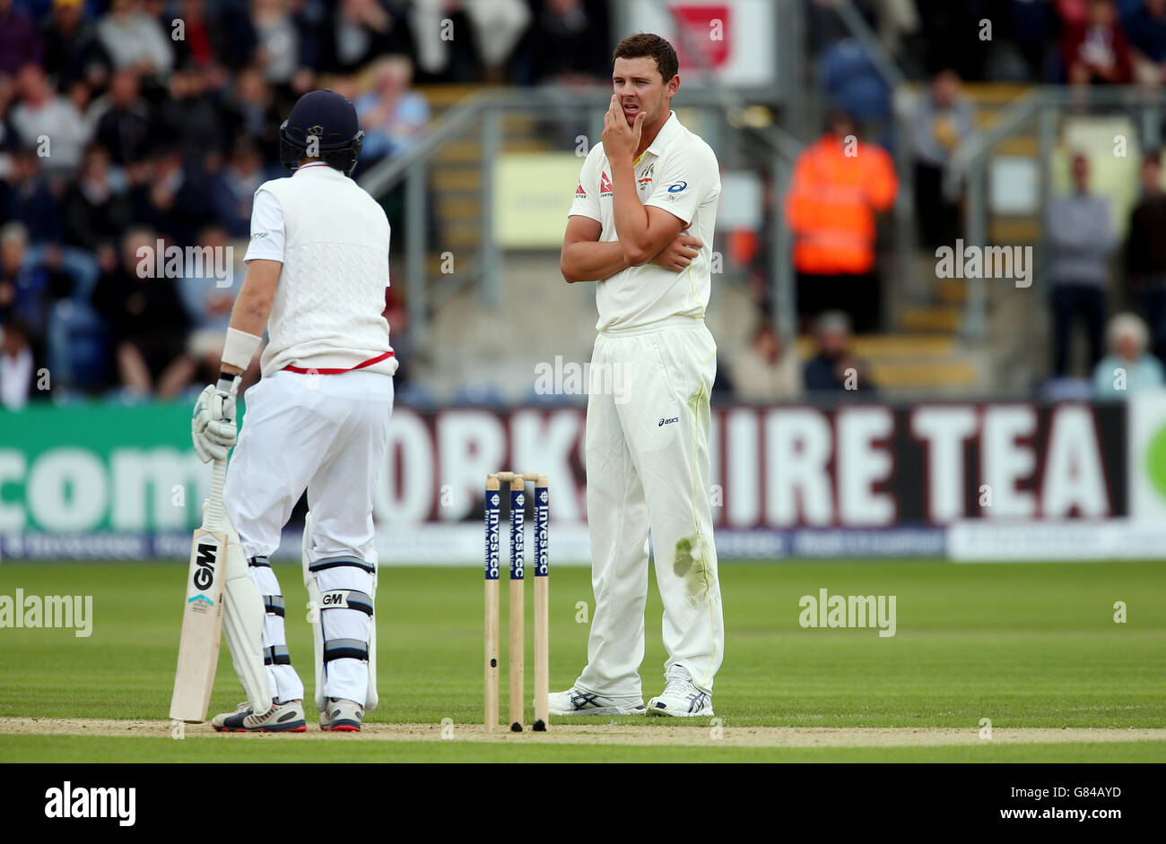 Australia's Josh Hazlewood considers his options to England batsman Joe Root during the First Investec Ashes Test at the SWALEC Stadium, Cardiff. Stock Photo