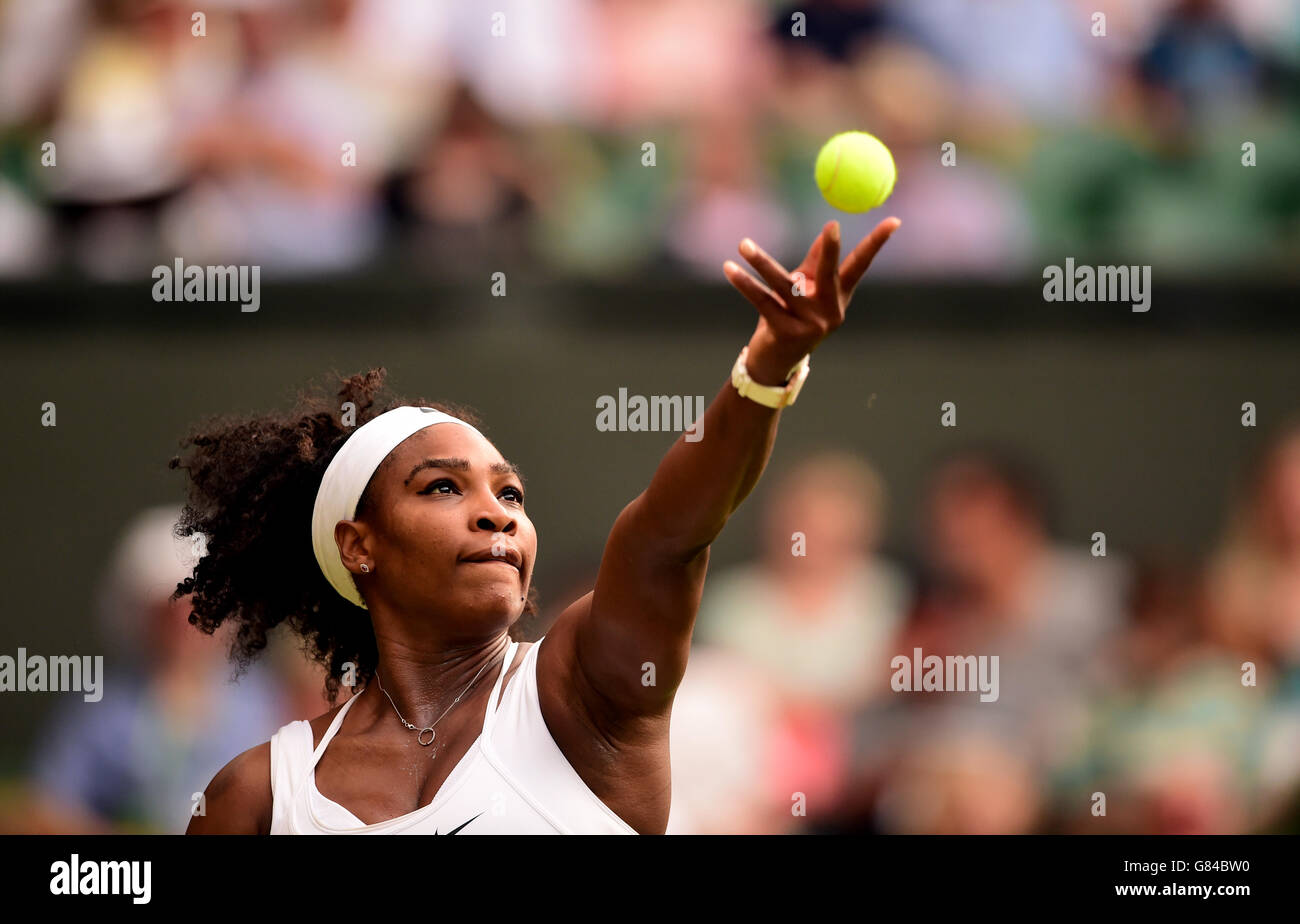 Serena Williams in action against Timea Babos during day Three of the Wimbledon Championships at the All England Lawn Tennis and Croquet Club, Wimbledon. Stock Photo