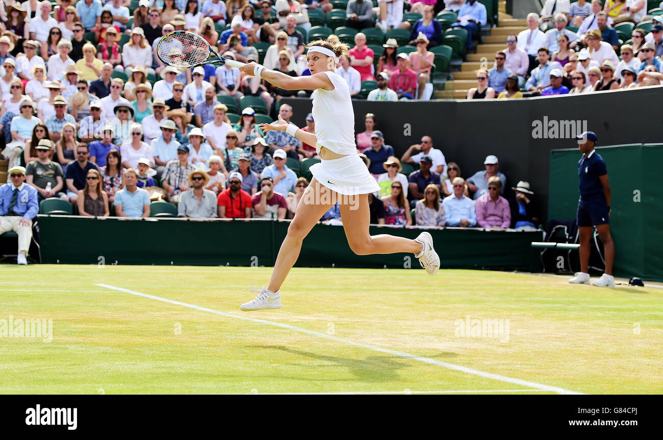 Lucie Safarova in action against Sloane Stephens during day Five of the Wimbledon Championships at the All England Lawn Tennis and Croquet Club, Wimbledon. Stock Photo