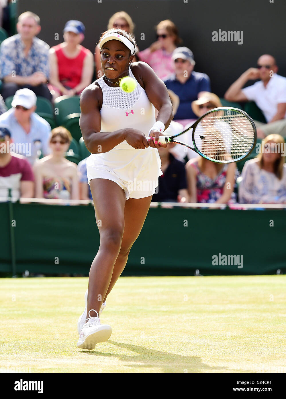 Sloane Stephens in action against Lucie Safarova during day Five of the Wimbledon Championships at the All England Lawn Tennis and Croquet Club, Wimbledon. Stock Photo