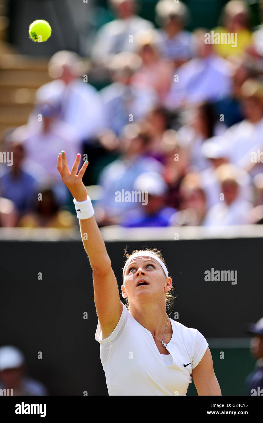 Lucie Safarova in action against Sloane Stephens during day Five of the Wimbledon Championships at the All England Lawn Tennis and Croquet Club, Wimbledon. Stock Photo