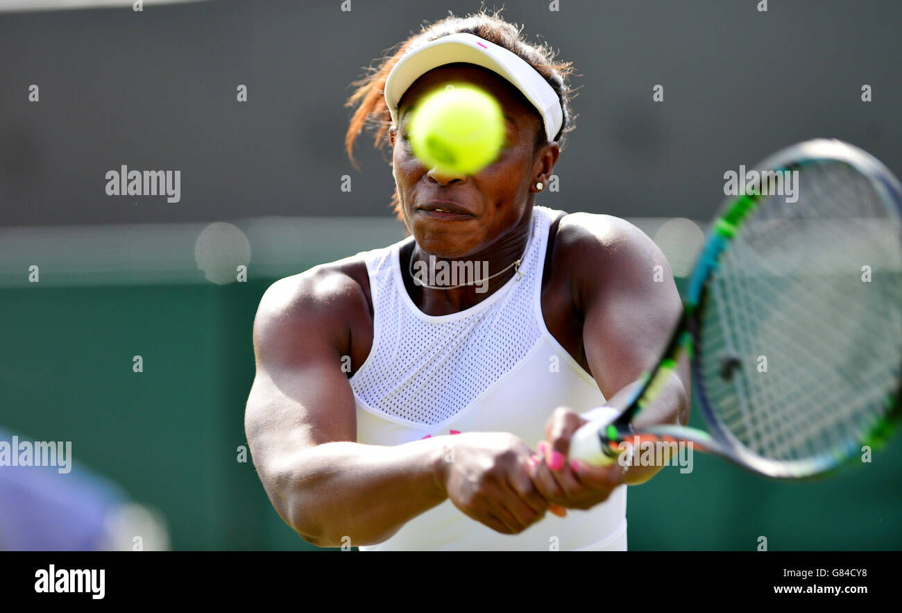 Sloane Stephens in action against Lucie Safarova during day Five of the Wimbledon Championships at the All England Lawn Tennis and Croquet Club, Wimbledon. Stock Photo
