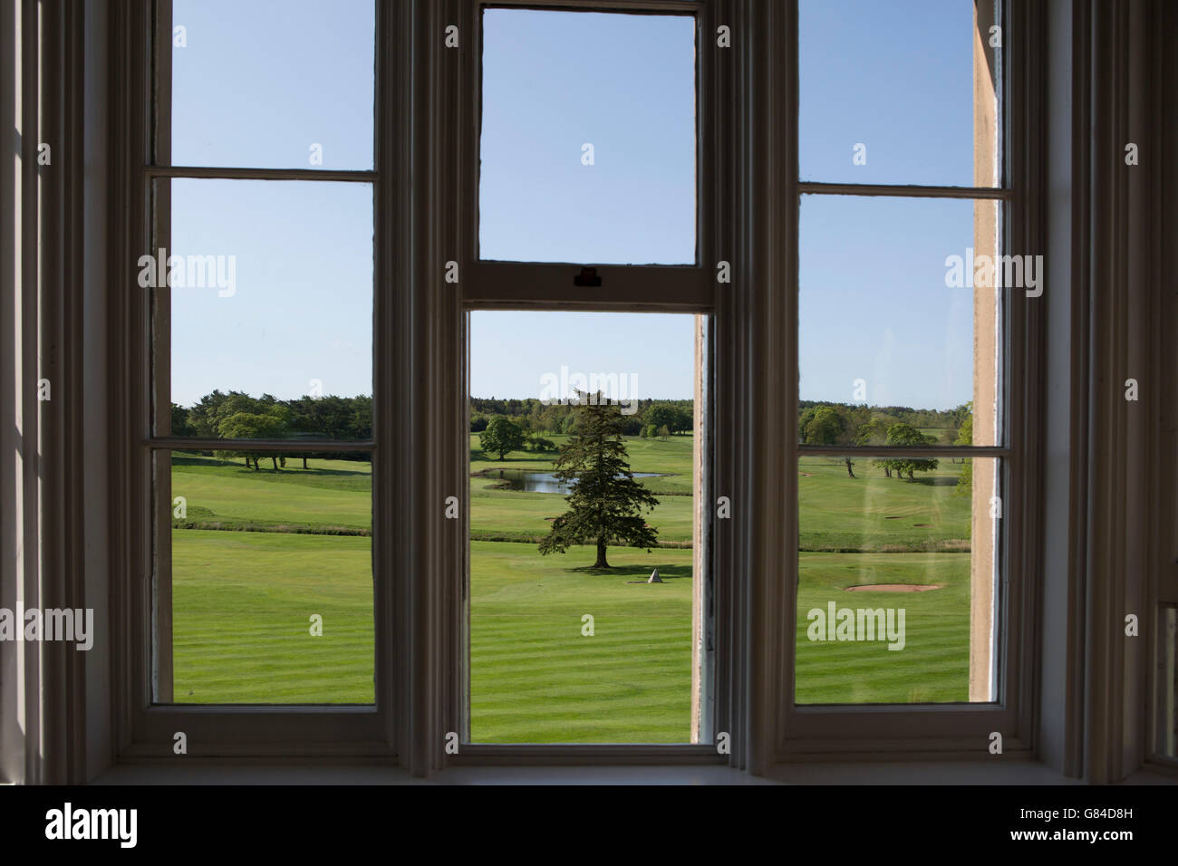 View onto the golf course from a hotel room at Matfen Hall in Northumberland, England. Stock Photo