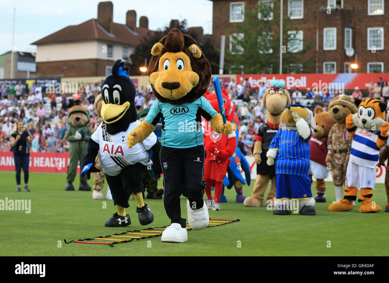 Surrey mascot Caesar the Lion (centre) and Tottenham Hotspur club mascot Chirpy Cockerel (left) during the mascot derby held during the interval Surrey versus Middlesex. Stock Photo