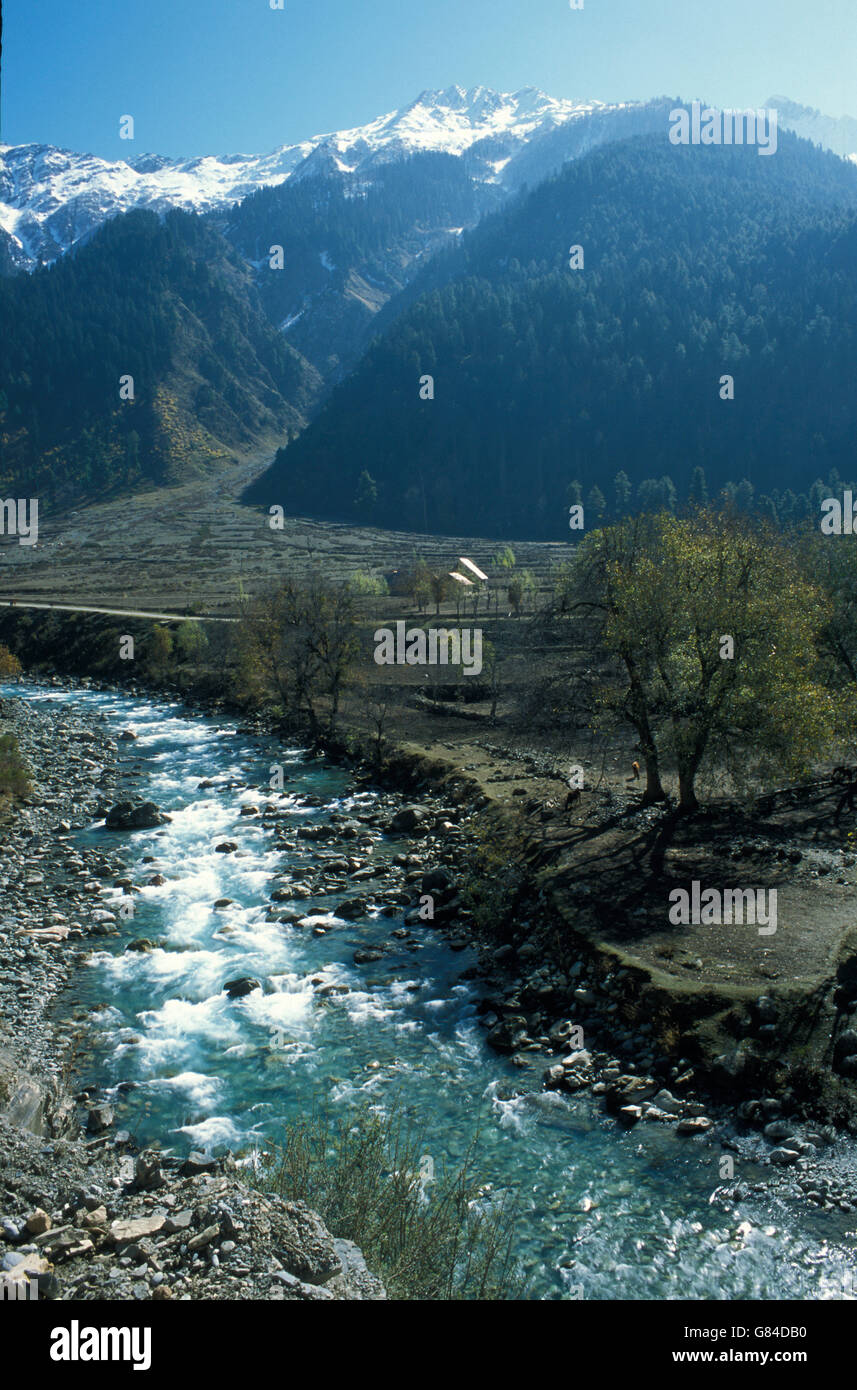 Pahalgam valley and Lidder river, Kashmir, India Stock Photo