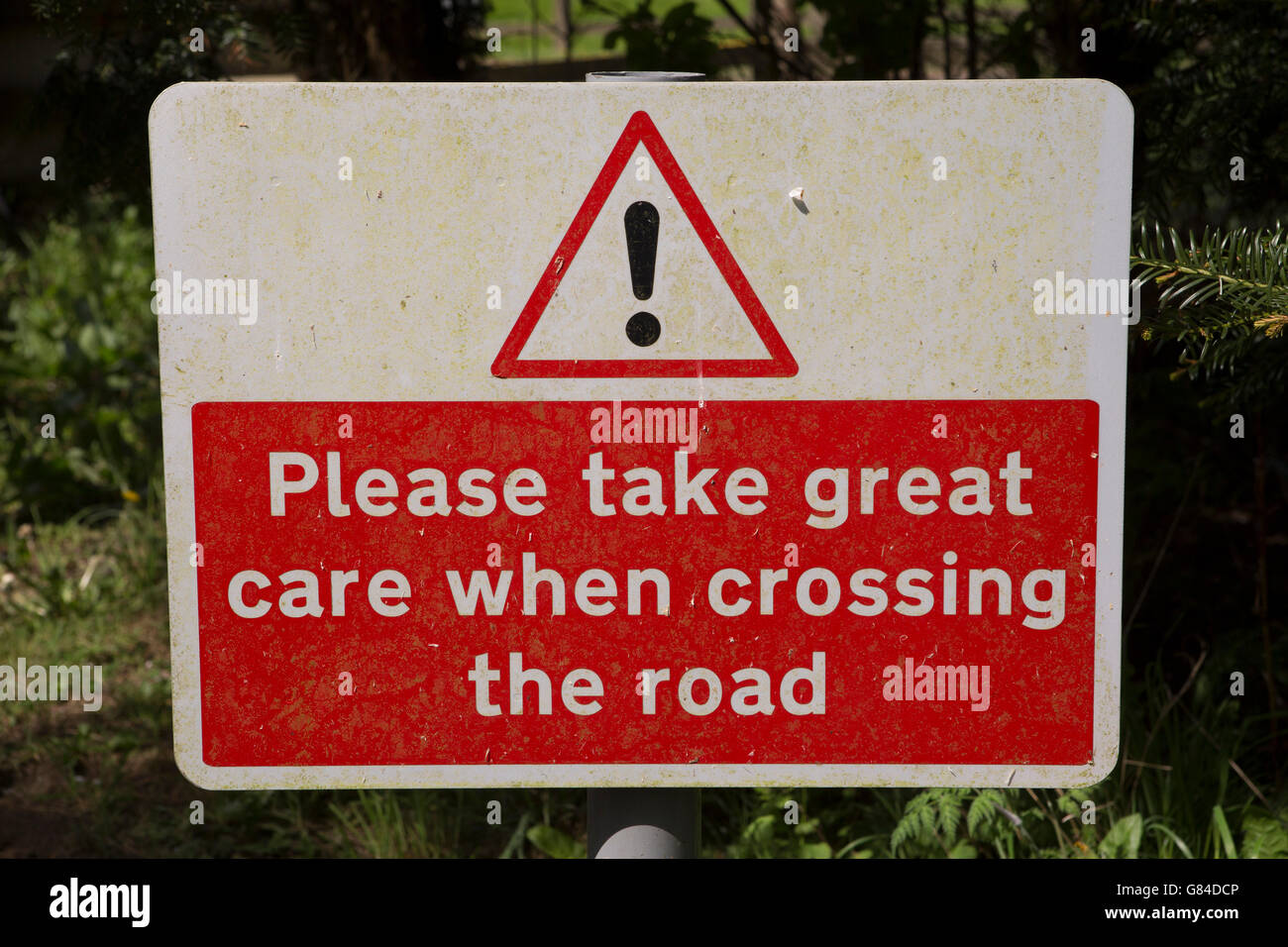 A sign for Matfen Hall Golf Course at Matfen, England. The sign urse people to take great care when crossing the road. Stock Photo