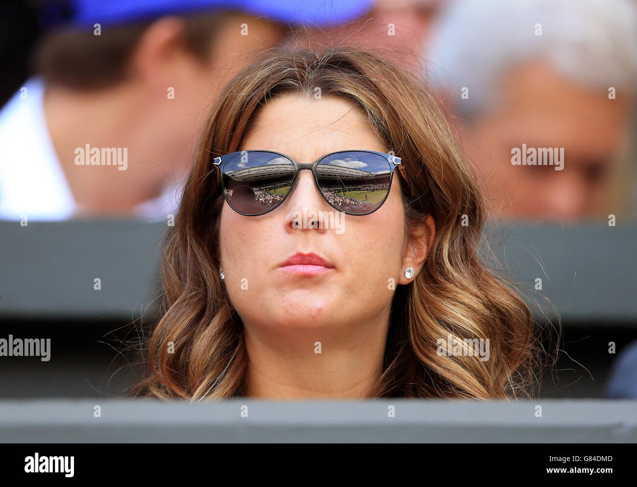 Mirka Federer in the players box as she waits for Roger Federer to appear on court during day Six of the Wimbledon Championships at the All England Lawn Tennis and Croquet Club, Wimbledon. Stock Photo