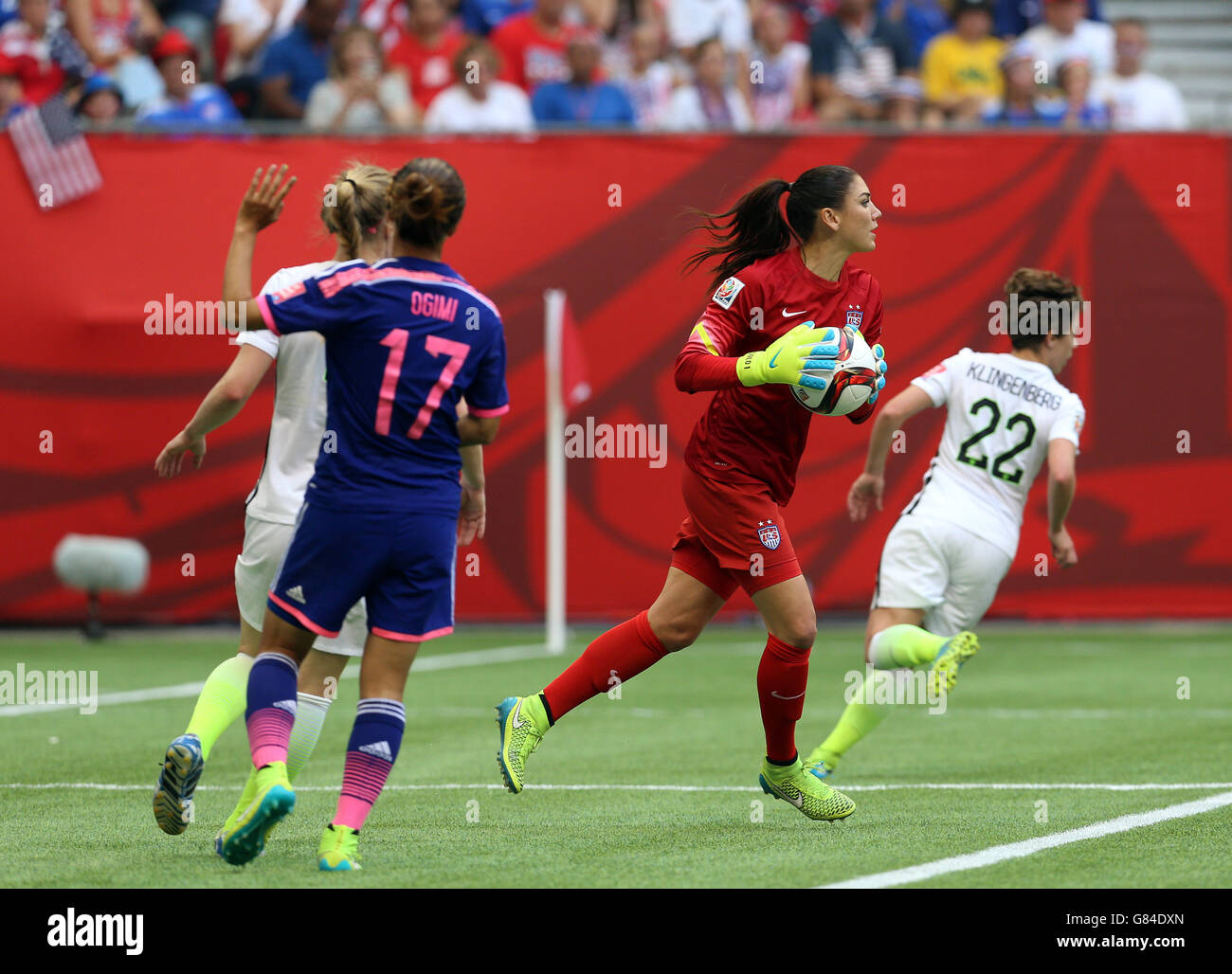 United States' Hope Solo (2nd right) during the FIFA Women's World Cup Canada 2015 Final match between USA and Japan at BC Place Stadium in Vancouver, Canada. Stock Photo